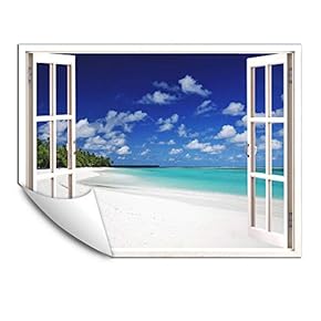 Wall Murals for Bedroom Fake Window Beach White Window Removable Wallpaper Peel and Stick Wall Stickers - 24x32 inches