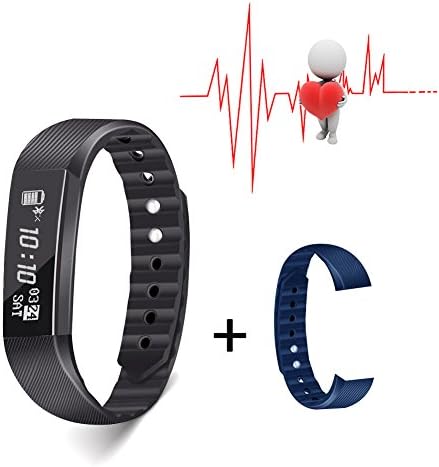 Slicemall Fitness Tracker with Heart Rate Monitor Watch Activity Step Pedometer Bracelet Sport Equipment for Men Women and Kids for iOS & Android App - Black, Free One Pair Wristband