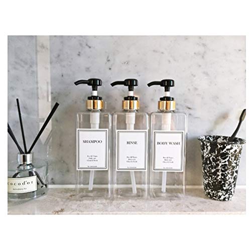 HARRA HOME Modern Gold Design Pump Bottle Set 27 oz Refillable Shampoo and Conditioner Dispenser Empty Shower Plastic Bottles with Pump for Bathroom Lotion Body wash, Pack of 3 (Clear & Black)