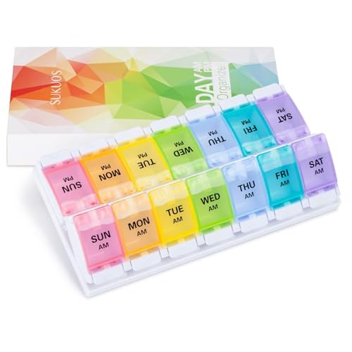 Sukuos AM PM Weekly Pill Organizer 2 Times A Day, Large Daily Pill Box Case 7 Day with Easy Push Button Design, Detachable Medicine Holder for Vitamin/Fish Oil/Supplements (Rainbow)