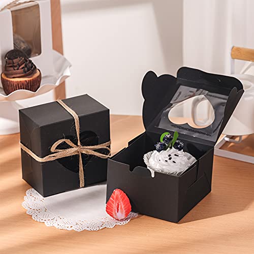 VGoodall 14 PCS Black Bakery Boxes with Window Cupcake Gift Boxes,18M Linen Ribbon for Bakery Wrapping Party Favor Packing