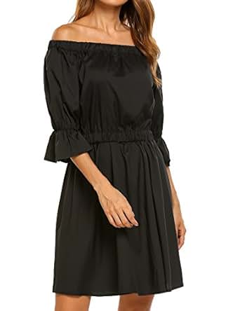 Women's Off Shoulder Trumpet Sleeve Dress Elastic Beach Ruffle Mini Dress at Amazon Womenâs 