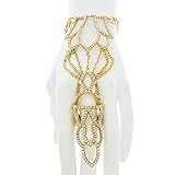 Goldtone Fancy Armor Full Finger Ring Crown with Clear Rhinestone Bracelet Hand Chain