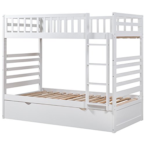 Twin Over Twin Bunk Bed, Rockjame Space Saving Design Sleeping Bedroom Furniture with Trundle Solid Wood Bunk Bed, Ladder and Safety Rail for Boys and Girls (White)