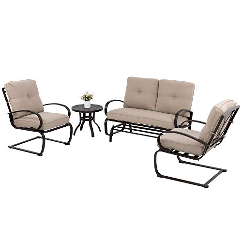 JY QAQA 4Pcs Outdoor Patio Furniture Conversation Sets(Glider Loveseat,Coffee Table,2 Spring Cha ...