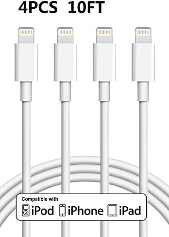 QXTE,iPhone Charger 4Pack 10FT Lightning to USB Cable Charging Cord with Compatible with iPhone X/8/7/6S/ 6 Plus, 5C/5S/5, iPad/iPod(White)