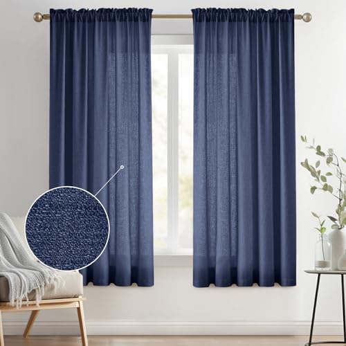 Melodieux Navy Semi Sheer Curtains 63 Inch Length for Bedroom Living Room, Farmhouse Linen Texture Light Filtering Home Office Shiny Sheer Drapes Rod Pocket, 52" W x 63" L, 2 Panels