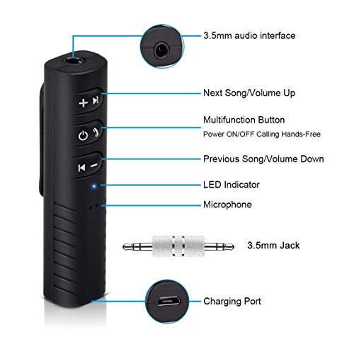 Bluetooth Receiver, Woonavir Wireless Music Receiver Bluetooth Aux 3.5mm Adapter with Clip Design for Home and Car Audio (with Audio Adapter and USB Cable) (Black) - Thumbnail 3