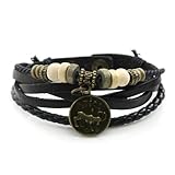 Lucky Handmade Natural Constellation Zodiac Sign Logo Genuine Real Leather Bracelet with Charms, Beads, Button, Adjustable Size, Gift for Him or for Her, Unisex (Aries - Black Leather)
