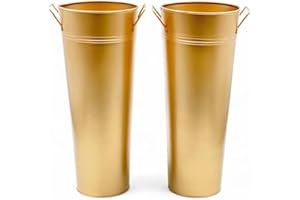 Hosley Set of 2 Gold Metal French Bucket with Handles & PVC Liner, 6" Dia x 15" H for Weddings, Parties, Country Picnics, Floral Arrangements, Tableware Storage, or Gardens - Rustic Farmhouse Décor