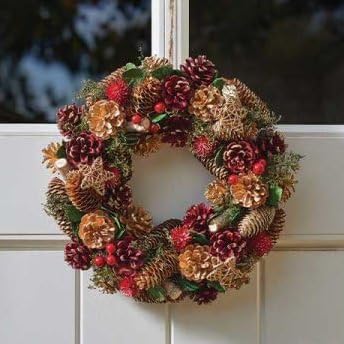 Marco Paul 30cm Red Berry Christmas Wreath - Artificial Pinecone Door Garland with Gold Accents & Rustic Detail - Traditional Front Door Wreath, Indoor Christmas Decorations & Winter Holiday Décor