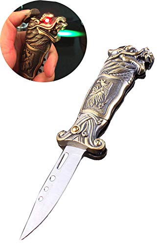 Promithi Dragon Tiger Shaped Inflatable Multi-Function Stainless Steel Folding Windproof Lighter Knife NO Gas