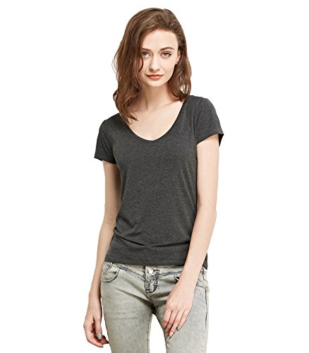 Liang Rou Women's Mini-Ribbed Stretch V-Neck T-Shirt Dark Gray M