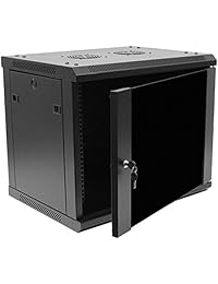 Navepoint 9U Excelente gabinete de 19 pulgadas para montar en la pared con estantes y puerta de vidrio de 16 pulgadas con llave, color negro profundo.