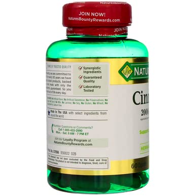 NATURE’S BOUNTY CINNAMON 2000MG PLUS CHROMIUM, SUGAR METABOLISM SUPPORT SUPPLEMENT, 60 CAPSULES
