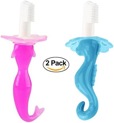 CuteStuffs Seahorse and Mermaid Baby Toothbrush and Teether; Training Toothbrush for Infants and Toddlers, Soft Bristles, BPA-Free (Mermaid and Seahorse 2 Pack)