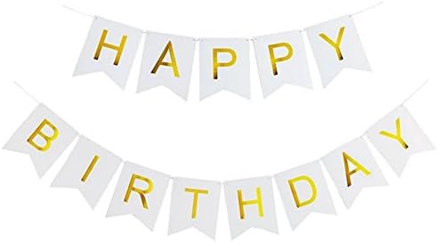 HS Novelty White Happy Birthday Banner With Shimmering Gold Letters, Birthday Party Decorations