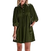Opemiby Womens Casual Dresses Corduroy Button Up Empire Waist 3/4 Sleeve Fall Winter Mini Babydoll Dress