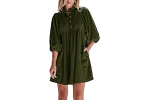 Opemiby Womens Casual Dresses Corduroy Button Up Empire Waist 3/4 Sleeve Fall Winter Mini Babydoll Dress