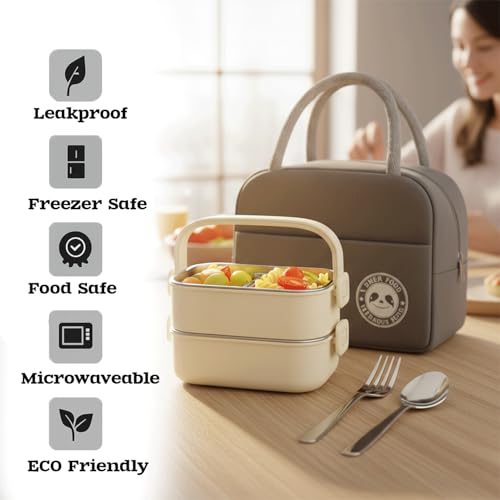 BitBloom Stainless Steel Lunch Box - 1400ml 2 -Layer Bento Box with Insulated Bag, Spoon & Fork, Leakproof, BPA-Free, Dishwasher Safe - Ideal for Kids & Adults, Office, School, Travel (Cream White)