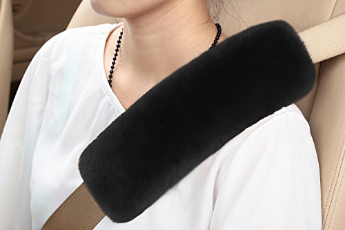 U&M Authentic Sheepskin Auto Seat Belt Cover Shoulder Pad for Adult Youth Kid Toddlers - Car, Truck, SUV, Airplane,Camera Backpack Straps - Genuine High Density Soft Australian Wool (Carbon Black)
