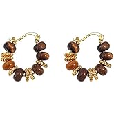 DIAMANTIO 18K Gold Plated, Tiger Eye Beaded Hoop Earrings for Women – Small Brown Resin & Gold Textured Bead Statement Hoops – Elegant Boho Jewelry for Daily Wear or Gifts