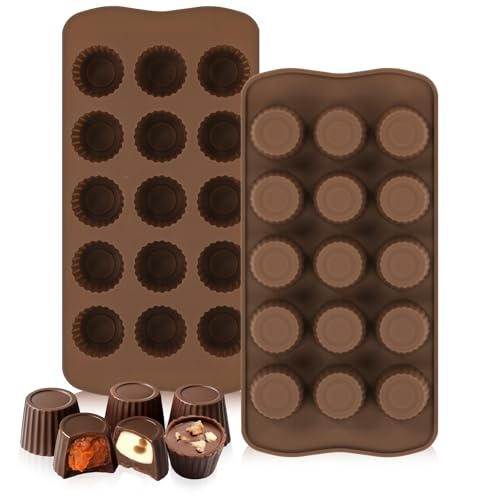 Fimary Mini Peanut Butter Cup Mold, 15 Cavity Chocolate Candy Molds, Silicone Baking Mold for Snack Size Mini Peanut Butter Cup, Jelly, and Cordial, Pack of 2