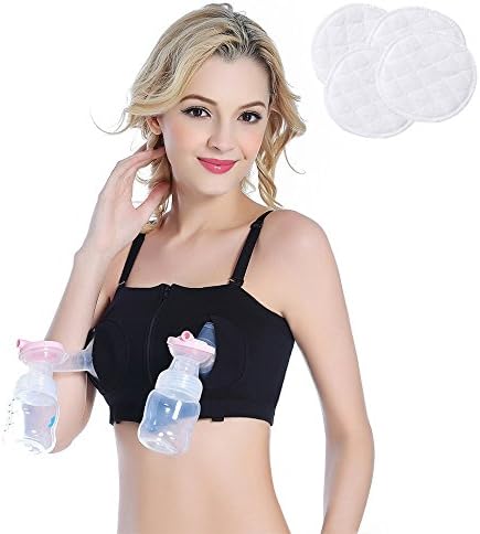 Ohequbao Hands-Free Breast Pumping Bra, Nursing Bra with 4 Nursing Pads, Convertible Straps, Compatible with All Major Breast Pump Brands (Black, L(suits for L,XL,XXL))