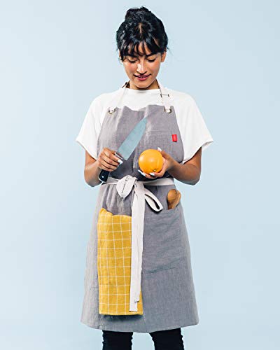 Caldo Linen Kitchen Apron - Mens and Womens Linen Bib Apron - Adjustable with Pockets (Grey) - Thumbnail 4