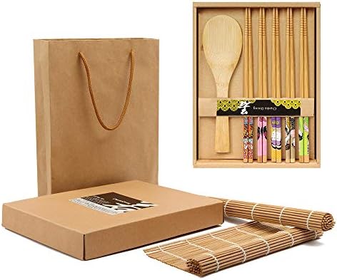 Bamboo Sushi Making Kit-2 Carbonized Bamboo sushi Rolling Mats,5 Pairs Chopsticks,1 Rice Paddle,1 Rice Spreader,1 Storage Bag-Complete Sushi Maker for Beginner-Beginner Guide PDF Included (Gift box-A)