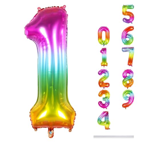 Rainbow Foil Balloon Number 1, 40'' Self Inflating Number Balloons Set 0-9, Large Number 1 Helium Balloon for Girls Women 1st Birthday Baby Shower Graduation Anniversary Party Decorations Supplies