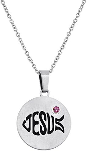 Stainless Steel Necklace w/Swarovski Birthstone Jesus Fish Disc Pendant - October
