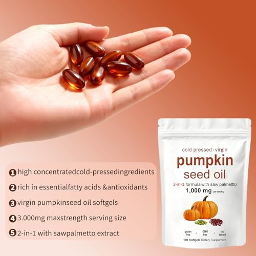 KITABIO Pumpkin Seed Oil Capsules | Pumpkin Seed Oil with Saw Palmetto - Cold-Pressed | Easy-to-Swallow Softgels – Resealable Package | Non-GMO - 180 Pc/1 Bag (Z-1)