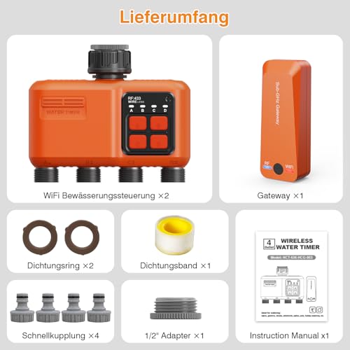 XinFuture Irrigation Computer WLAN 4 Outputs with 300 m RF, Strong Wall Penetration, Automatic Smart Watering Clock with APP/Voice Control, Irrigation System Rain Delay for Garden
