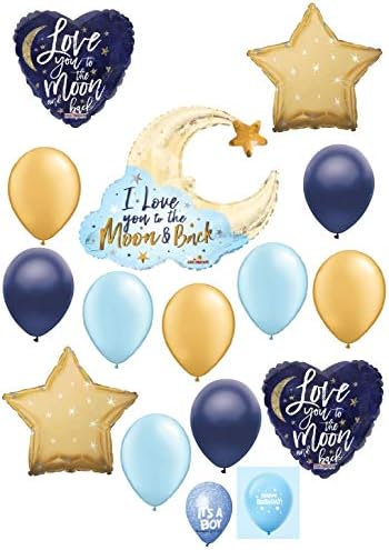 DalvayDelights I Love You to The Moon and Back Gold & Blue Welcome Baby Shower Happy Birthday Decoration Balloon Set
