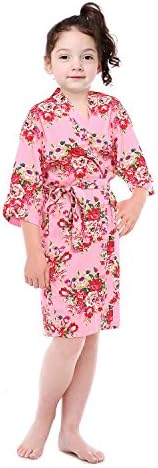 Girl's Soft Cotton Robe 3/4 Long-Sleeved Bathrobe Flower Print For Spa Wedding Birthday (Pink,12)
