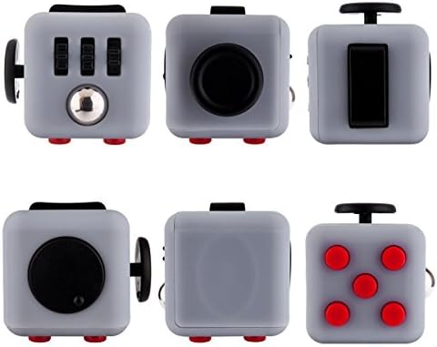 Stress Cube by POPPERS - Fidget Toy to Focus and Relieve Stress for Children &amp; Adults Anxiety Attention Toy (Gray &amp; Black w/ Red Buttons)