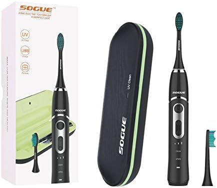 SOGUE Sonic Electric Toothbrush,Clean and White Modes, Smart Timing Toothburshes with UV Charging Travel Case,38000/Min Powerful sonic strokes Deep Clean Mode,IPX7 Waterproof for Shower（Black）