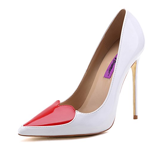 SFCSFLY Women's Patent-leather Heart Shaped Pointed-toe Stiletto High Heel Pump Shoes White Size US9 EUR39