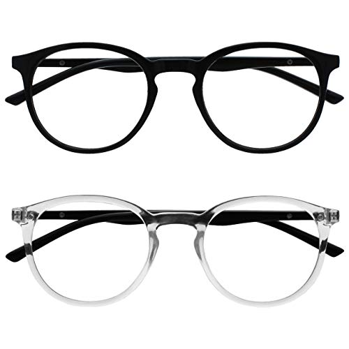 OPULIZE MET Blue Light Blocking Reading Glasses for Women Men, Slim Round Frame with Scratch Resistant and Spring Hinges, Computer Glasses with Anti-Reflective, Black,Clear +0 (Pack of 2)