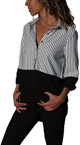 Silindashop Womens Blouses V Neck Color Block Stripes Button Up Blouse Casual Work Shirt Tops with Long Sleeve