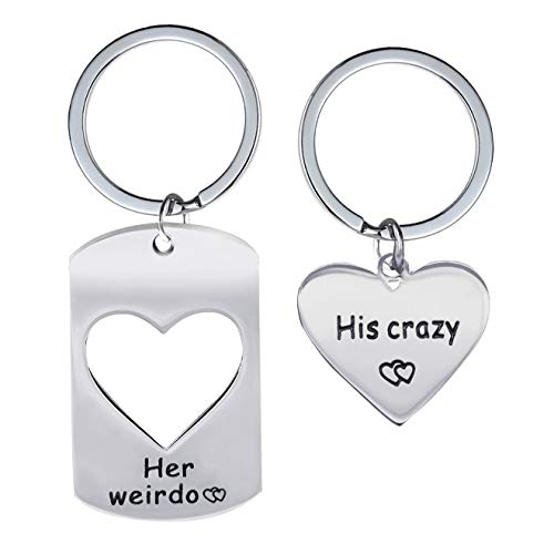 Uloveido Fashion Stainless Steel His Crazy Her Weirdo Love Heart Personalized Couples Initial Keychain Set, Nice Key Ring Set Gifts for Boyfriend Girlfriend SN151 (Heart to Heart)