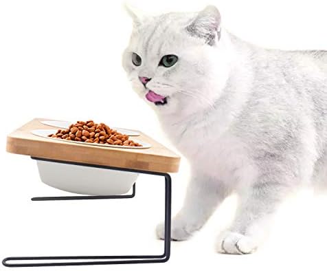 FUKUMARU Elevated Cat Ceramic Bowls, Small Dog 15° Tilted Raised Food Feeding Dishes, Solid Bamboo Water Stand Feeder Set for Cats and Puppy