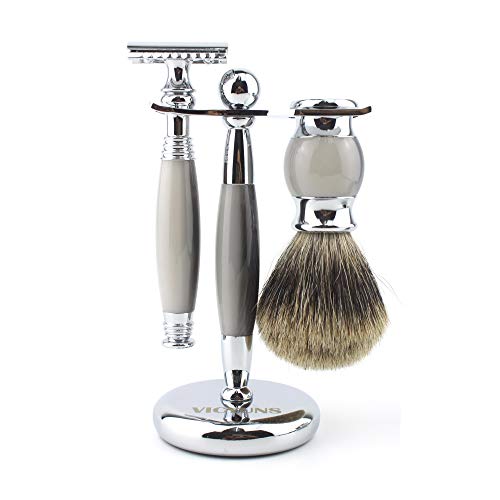 VICYUNS Luxury Grooming Shaving Set for Men Including Double-sided Razor, Allergy Shaving Soap, Stainless Steel Mirror Bowl, Hair Shaving Brush,10 Replacement Blades (Gray)