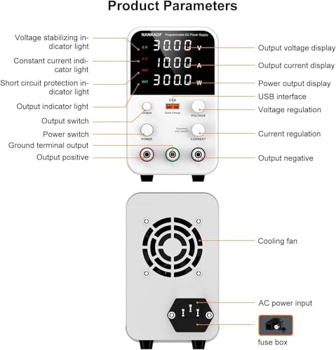 Bench adjustable power supply (30V/10A), DC switching power supply, encoder regulated laboratory power supply with USB fast charging interface.