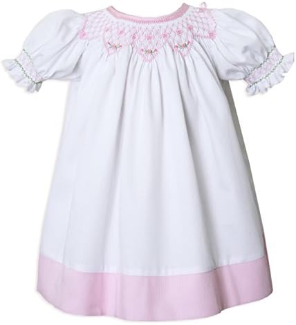 New Born Baby, Girls White Pink Hand Smocked Portrait Bishop Dress