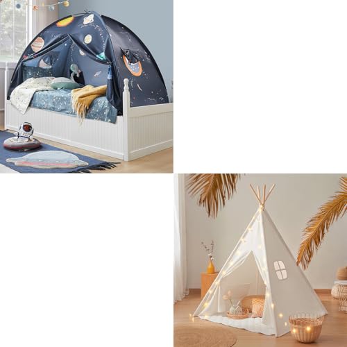 Teepee Tent for Kids – 100% Cotton Play Tent with Padded Mat & Star Lights, Space Galaxy Bed Tent for Kids – Sleep Bed Canopy with 9 Planets Design – 77