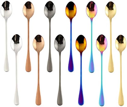 Colorful Long Handle Spoon, MDEALY 7.5” Stainless Steel Ellipse Style Mixing Spoon, Coffee Ice Cream Spoon Cocktail Mixing Flatware Spoon Set for 12