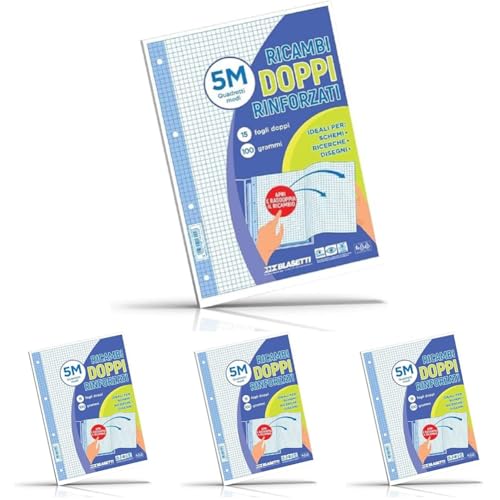 Blasetti - Ricambi DOPPI ideali per schemi, ricerche, disegni. Fogli formato A4 doppio, carta da 100gr, con fori d'archiviazione - Quadretti 5M (Confezione da 4)