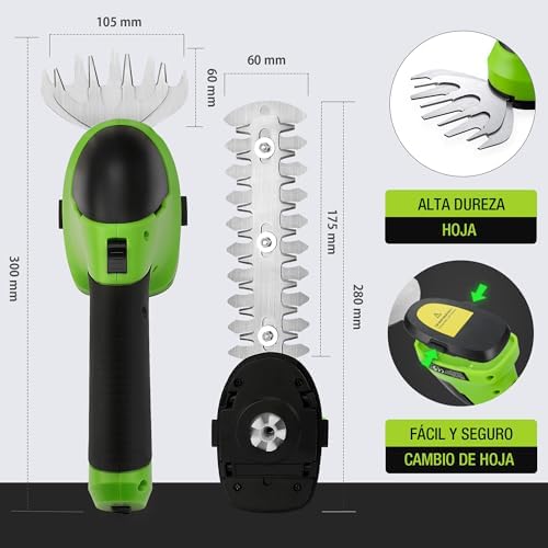 Tijeras Cortacésped y Arreglasetos 2 en 1, 7,2 V Cortasetos a Batería 2 Ah, Tijeras Arreglaseto con 2 Tipos de Cuchillas Ancho de Corte 100 mm, 150 mm, Herramienta para Jardín (Verde)